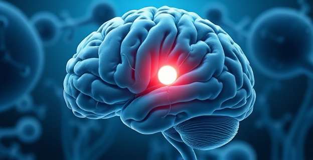 Imagen de una sección transversal de cerebro humano mostrando neuronas y conexiones sinápticas con un resalte en la zona de liberación de dopamina, en tonos de azul y gris, con detalles de estructuras celulares