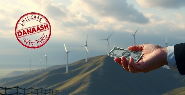 Imagen conceptual de un paisaje con aerogeneradores en una zona montañosa, con un fondo de inversión representado por un sello o logotipo danés, y una sombra de corrupción simbolizada por una mano recibiendo dinero