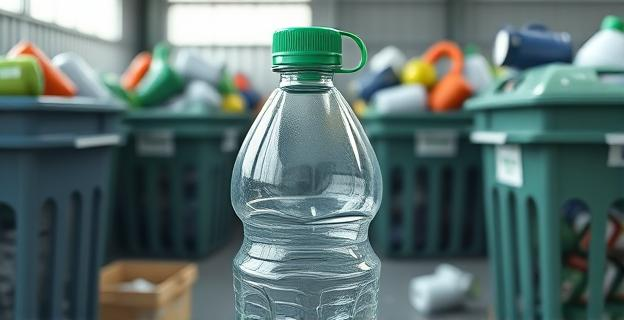 Imagen de una botella de plástico con tapón adherido, en un entorno de reciclaje con contenedores y materiales reciclables