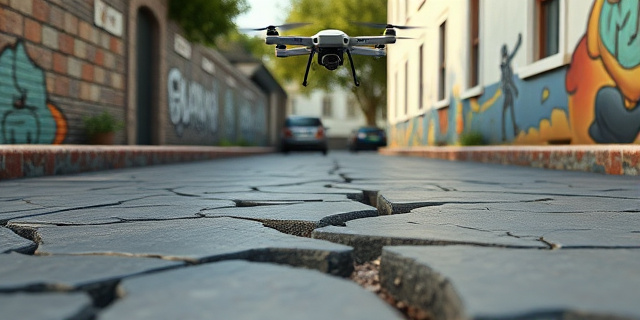 Una calle llena de baches y socavones, con un dron volando en el fondo y un mural en la pared