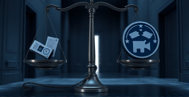 Una balanza de la justicia inclinada, con documentos judiciales y grabadoras de audio en un platillo, y el logo de un partido político estilizado en el otro. Al fondo, un laberinto de pasillos oscuros y una puerta entreabierta simbolizando secretos. Predominan tonos grises y azules, con un toque de luz tenue.