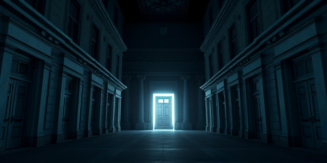 Una imagen abstracta de un laberinto de edificios gubernamentales con sombras oscuras y una luz tenue que ilumina una puerta principal. Los colores deben ser fríos y apagados, transmitiendo una sensación de misterio y corrupción. Elementos geométricos que sugieran burocracia y complejidad, con un toque de inquietud visual.