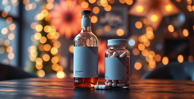Una imagen de una botella de alcohol y un frasco de pastillas sobre una mesa con un fondo de luces de Nochevieja