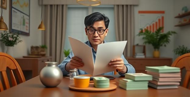 Imagen de una persona de clase media revisando facturas en un comedor con objetos que representan hábitos financieros limitados, como una cuenta corriente y facturas apiladas, con un fondo que muestra gráficos de crecimiento económico y educación financiera