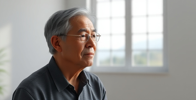 Imagen de una persona de mediana edad reflexionando en un entorno minimalista, con una expresión de introspección y una ventana al fondo que muestra un paisaje natural sereno.