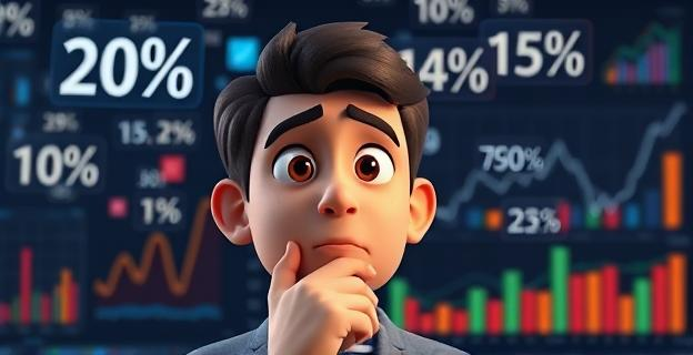 Una persona pensando con una expresión de concentración, rodeada de números y porcentajes en el aire, con un fondo de gráficos y estadísticas