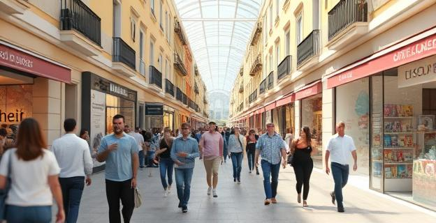 Un centro comercial en una localidad española con una multitud de personas caminando, sin incluir ninguna persona específica ni nombres propios visibles.