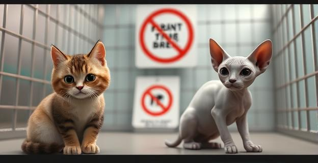 Imagen de un gato Scottish Fold y otro Sphynx en un entorno de refugio de animales, con un cartel que indica la prohibición de su cría.