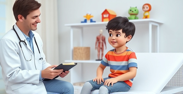 Un adolescente sentado en una camilla de consulta médica, con un pediatra sonriendo y tomando notas en un cuaderno. En el fondo, se ve un modelo anatómico del cuerpo humano y algunos juguetes infantiles en una estantería, simbolizando la transición de la infancia a la adolescencia.