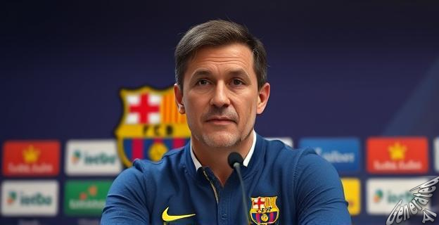 Imagen de Albert Soler en una rueda de prensa con el logo del FC Barcelona al fondo