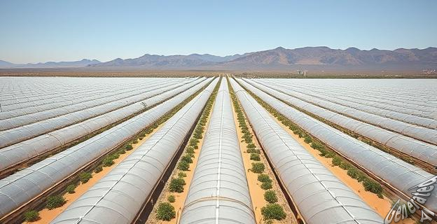 Una vista aérea de 32.000 hectáreas de invernaderos blancos en el desierto de Almería, España, con trabajadores migrantes en el campo y montañas áridas al fondo.