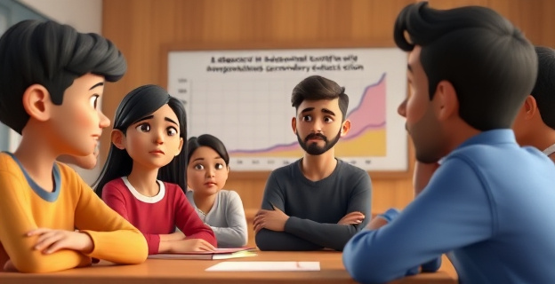 Una escena que muestra a un grupo de jóvenes marroquíes en un entorno educativo, con expresiones de desánimo y frustración, mientras un profesor intenta motivarlos. Al fondo, se ve un gráfico que muestra la caída en la continuidad educativa tras la ESO.