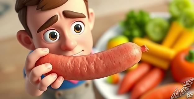 Una persona sostiene una salchicha con una expresión de preocupación, con un plato de frutas y verduras frescas al fondo