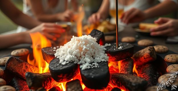 Una barbacoa con sal sobre las brasas, rodeada de comida y gente disfrutando