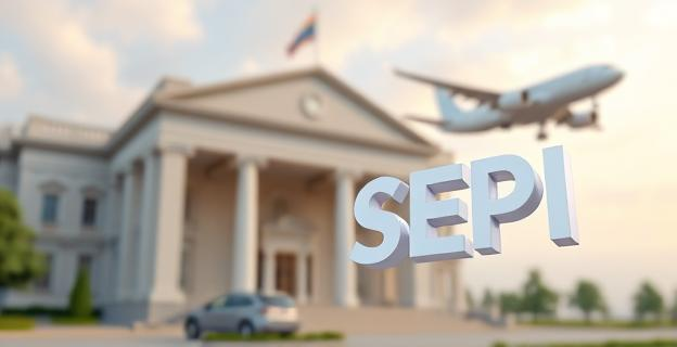 Imagen de un edificio gubernamental con un logo de la SEPI en primer plano y un avión al fondo, representando la conexión entre la entidad gubernamental y las aerolíneas.