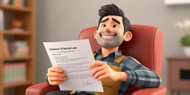 Un trabajador sentado en una silla, con una expresión de alivio en su rostro, mientras sostiene un papel con la notificación de la prolongación de su baja médica