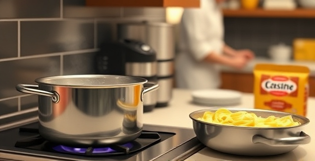 Una escena de cocina con una olla grande de agua hirviendo en el fogón, una sartén al lado con una salsa cremosa y un paquete de pasta encima de la encimera. En el fondo, una figura borrosa de un chef trabajando.