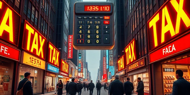 Una calle de la ciudad iluminada por luces de neón que muestran cifras de impuestos enormes, gente con bolsas de dinero y una enorme calculadora flotando sobre la escena, sin rostros pero con la sensación de un mercado financiero caótico