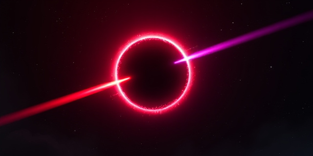 Una escena épica de un agujero negro supermasivo con un disco de acreción brillante como una lámpara de neón, lanzando dos haces rojos y violetas que atraviesan un espacio oscuro, iluminados por estrellas lejanas y nubes de polvo.