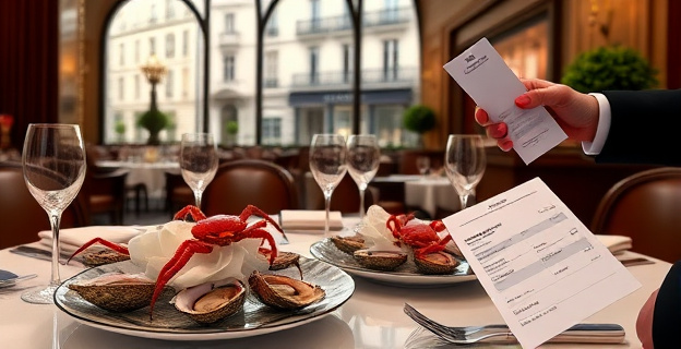 Imagen de un restaurante de lujo con ostras y centollos en la mesa, un hotel de París al fondo y un recibo de pago en la mano de una persona no identificada.