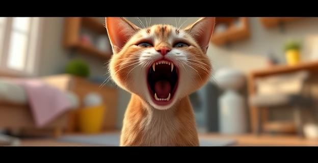 Imagen de un gato emitiendo un sonido gutural con postura de esfuerzo, en un entorno doméstico con elementos que sugieren cuidado y atención veterinaria.