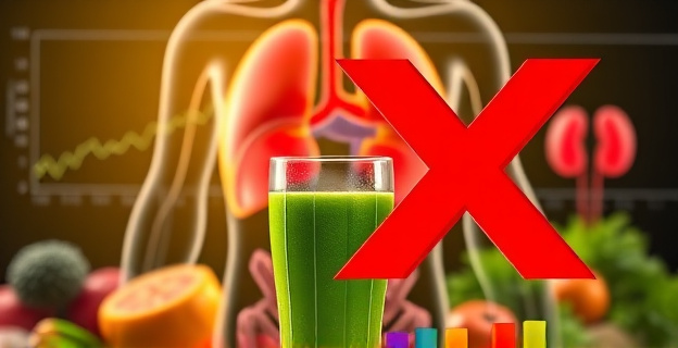 Imagen conceptual de un cuerpo humano con órganos internos brillantes y saludables, rodeado de frutas y verduras frescas, con un vaso de agua en el centro. Al fondo, un gráfico que muestra el funcionamiento del hígado y los riñones. En primer plano, un batido verde con una gran X roja encima, simbolizando la falsedad de los productos detox.