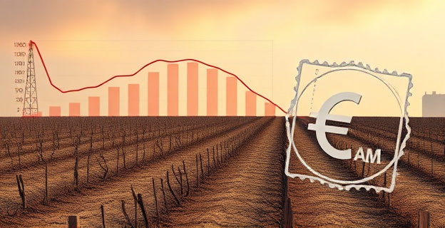 Una imagen conceptual que represente un campo de cultivo europeo árido y descuidado, con un gráfico de barras en el fondo mostrando una caída abrupta. Al lado, un sello o estampado con las siglas 