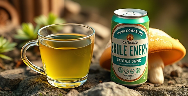 Una taza de té verde y una lata de bebida energética natural con una etiqueta que muestra el contenido de cafeína, junto a un hongo de melena de león en un entorno natural
