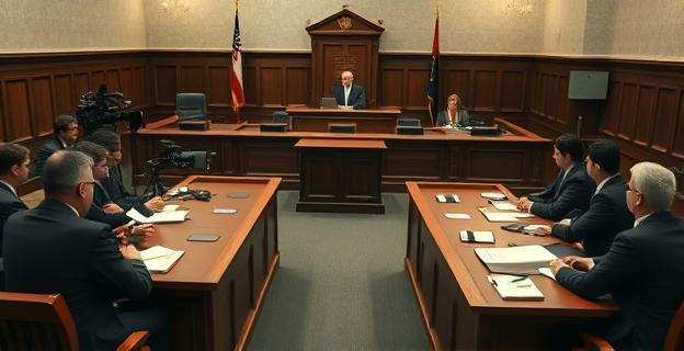 Una sala de tribunal con periodistas y abogados sentados en bancadas separadas, con un ambiente tenso y documentos esparcidos sobre las mesas.