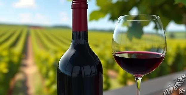 Una imagen de una botella de vino con un tapón de corcho y una copa de vino al lado, con un paisaje de viñedos al fondo.