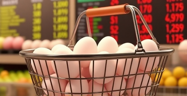 Una cesta de la compra llena de huevos con un gráfico de precios al fondo