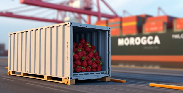 Una imagen que represente un contenedor de carga con fresas congeladas siendo descargado en un puerto estadounidense, con un barco de carga marroquí al fondo.