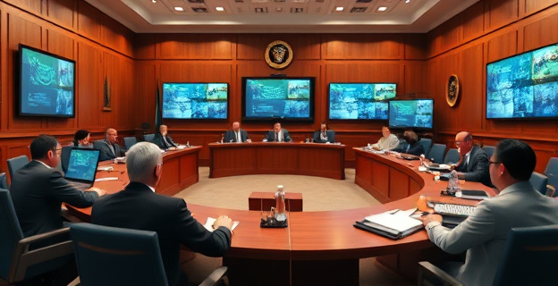 una imagen que represente una sala de reuniones institucionales con un ambiente tenso, donde se ven documentos oficiales y pantallas de ordenador con gráficos de estrategias de comunicación digital al fondo