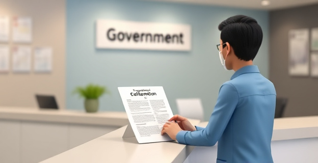 Una escena que muestra a una persona inmigrante entregando una declaración responsable en un mostrador de una oficina gubernamental, con un fondo que incluye elementos que representan la integración y la documentación, como un pasaporte y facturas.