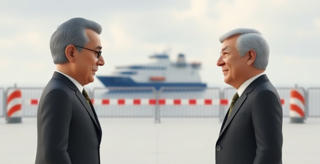 Una imagen que represente la tensión entre dos figuras políticas en un contexto de control fronterizo y migración, con un barco en el mar y una frontera cerrada al fondo.