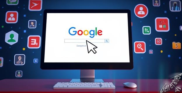 Una imagen de una pantalla de computadora con una ventana de Google abierta y un cursor de mouse sobre una búsqueda peligrosa, rodeada de iconos de advertencia de seguridad y malware