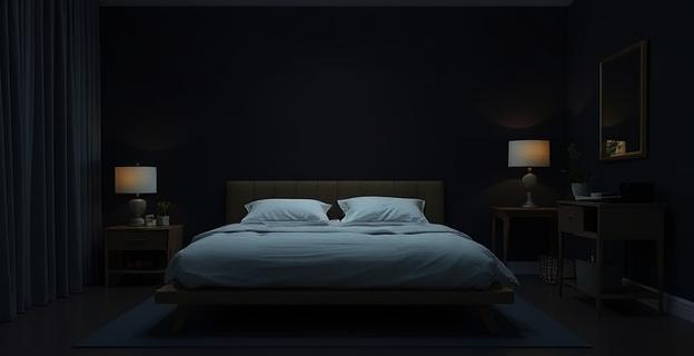 Una habitación oscura y silenciosa con una cama bien hecha, sin dispositivos electrónicos a la vista, y con sábanas de algodón. La temperatura es agradable, entre 18 y 22 grados Celsius.