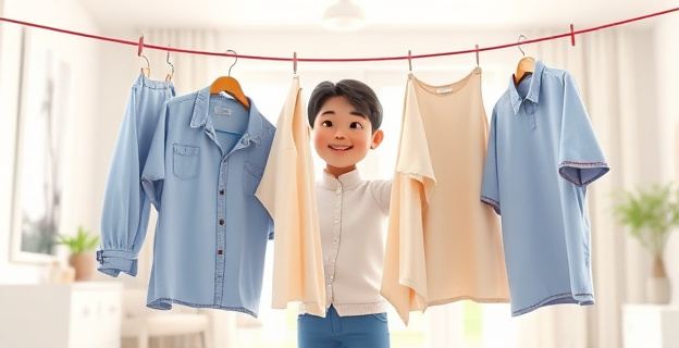 Una persona cuelga ropa en un tendedero de manera poco convencional, con prendas superpuestas de arriba a abajo, mientras sonríe satisfecha al ver cómo se secan rápidamente. El fondo muestra una habitación luminosa y aireada.