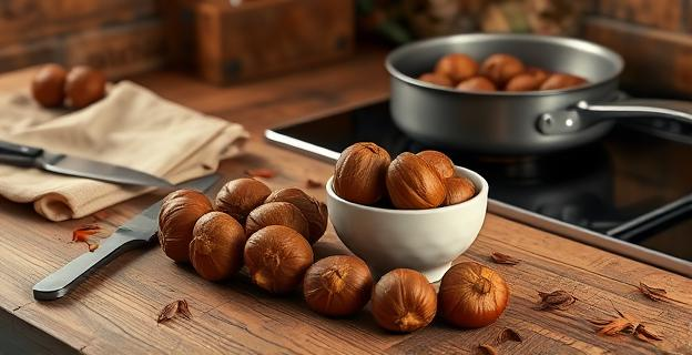 Una mesa de madera rústica con un bol de cerámica lleno de castañas crudas, algunas flotando en agua, junto a un cuchillo de cocina y un trapo de tela. Al fondo, una cacerola antiadherente en una estufa con castañas cocinándose, con vapor ascendiendo. La escena evoca un ambiente cálido y otoñal, con hojas secas dispersas alrededor.