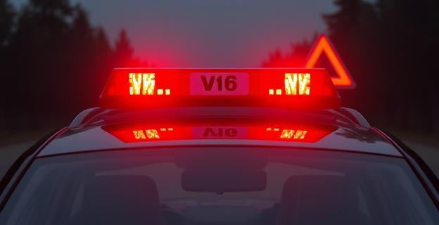Imagen de un coche con las luces de emergencia encendidas en una carretera oscura, con una luz V16 en el techo, y un triángulo de seguridad reflejado en el espejo retrovisor.