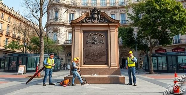 Una imagen de la placa de Francisco Largo Caballero en la Plaza de Chamberí de Madrid, con trabajadores del Ayuntamiento procediendo a su restauración.