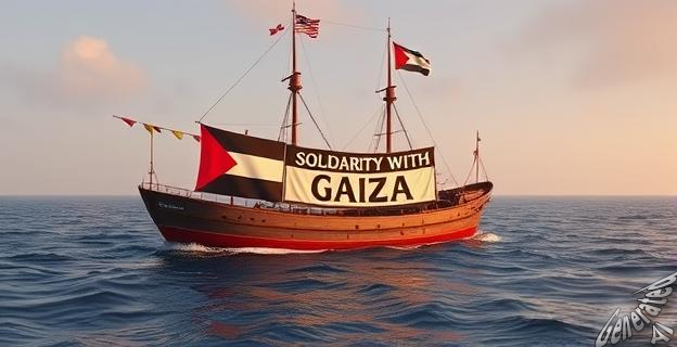 Imagen de un barco en el mar con una pancarta de solidaridad con Gaza, sin personas ni nombres propios visibles