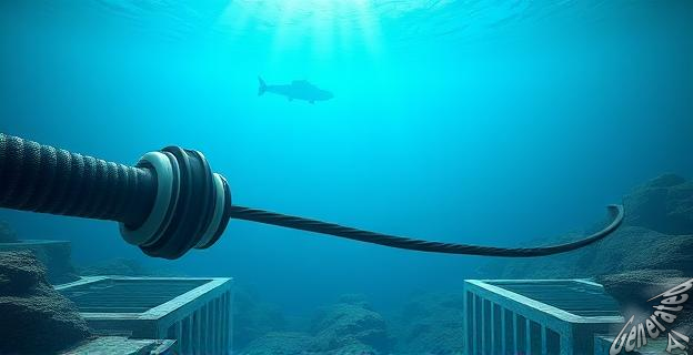 Una imagen de un cable submarino cortado en el Mar Rojo con barcos y submarinos en el fondo