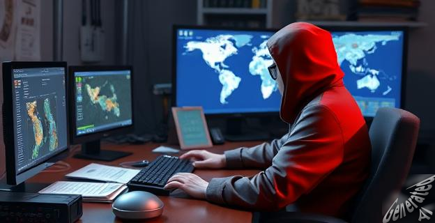 Un hacker norcoreano sentado frente a una computadora, rodeado de papeles y dispositivos, con una pantalla de fondo que muestra un mapa de Corea del Sur y Taiwán.