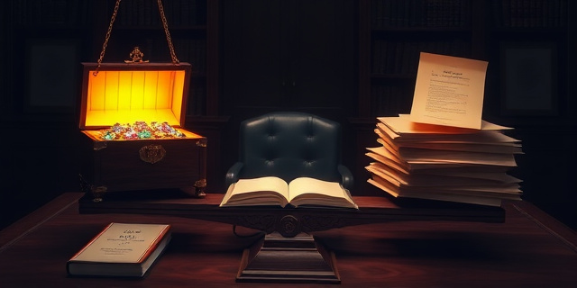 Una ilustración conceptual satírica. Un escritorio de oficina antigua y oscura donde un cofre pequeño y lujoso está abierto, irradiando un brillo dorado intenso. Sobre el escritorio, un libro de leyes antiguo y un código de ética polvoriento están siendo usados como calzo para equilibrar una balanza donde, en un plato, hay joyas brillantes y en el otro, una montaña de papeles oficiales vacíos. Estilo editorial, colores contrastados, atmósfera de misterio y burocracia.