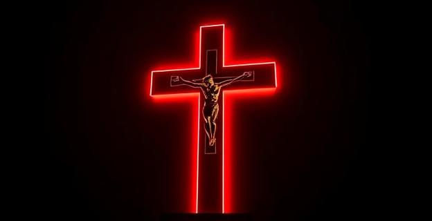 Una cruz cristiana iluminada con luces de neón en un entorno oscuro y minimalista, representando la espiritualidad y el conservadurismo.