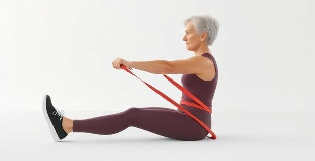 Una mujer de 55 años realizando remo sentado con banda de resistencia en el suelo, con expresión de concentración y espalda recta