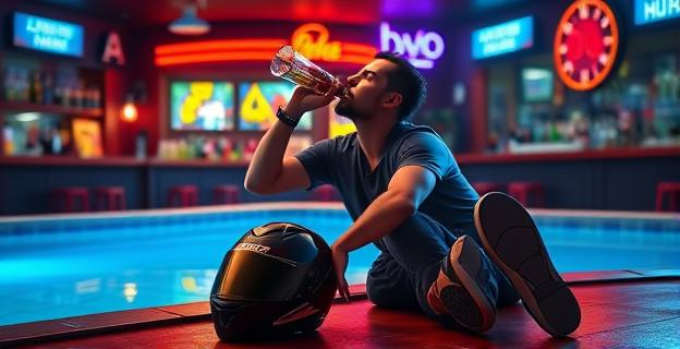 Imagen de una persona bebiendo alcohol en exceso en un bar con un casco de motocicleta en el suelo y una piscina con un letrero de advertencia en el borde