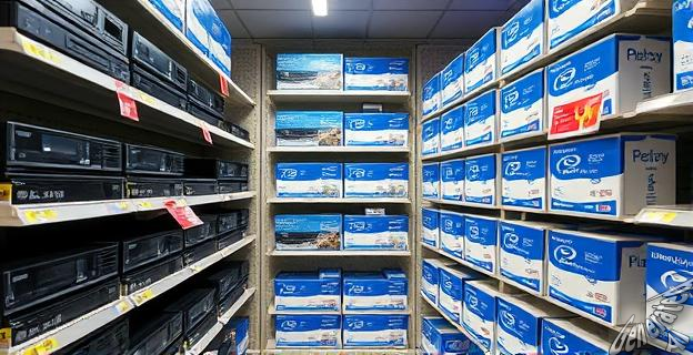 Una tienda de electrónica en Japón con estantes llenos de lectores de discos Blu-ray y cajas de unidades internas de Blu-ray vacías en los estantes, con un letrero que indica agotado