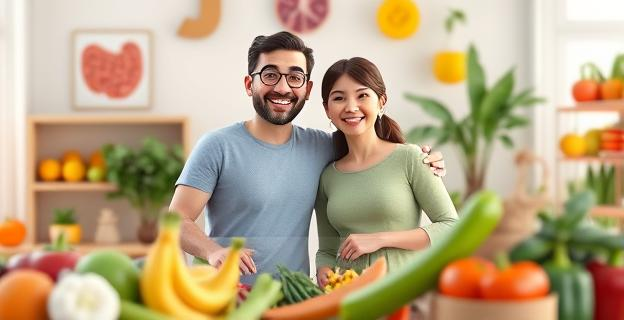 Imagen de una pareja feliz en un entorno saludable con frutas y verduras, rodeados de elementos que representan la conexión social y la salud intestinal
